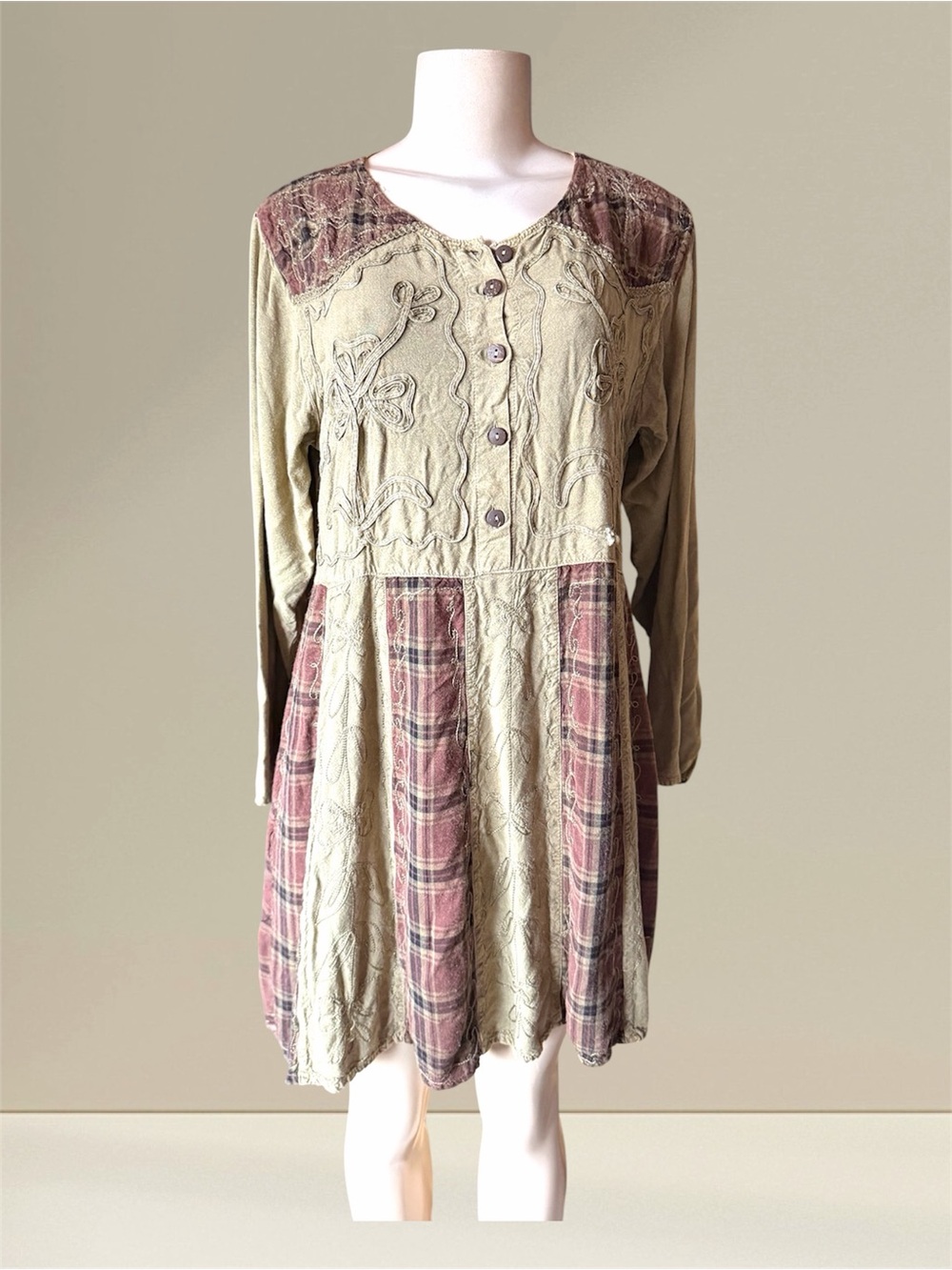 Boho Button-Front Tunic Dress in Olive and Dusty brown Plaid patchwork sz L